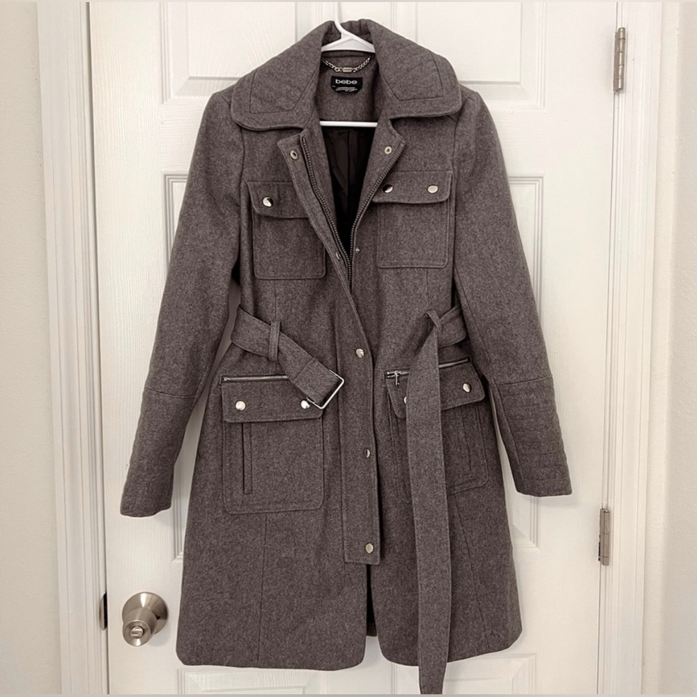 Bebe Gray‎ Wool Blend Military Style Trench Coat. Size Medium. Women’s.